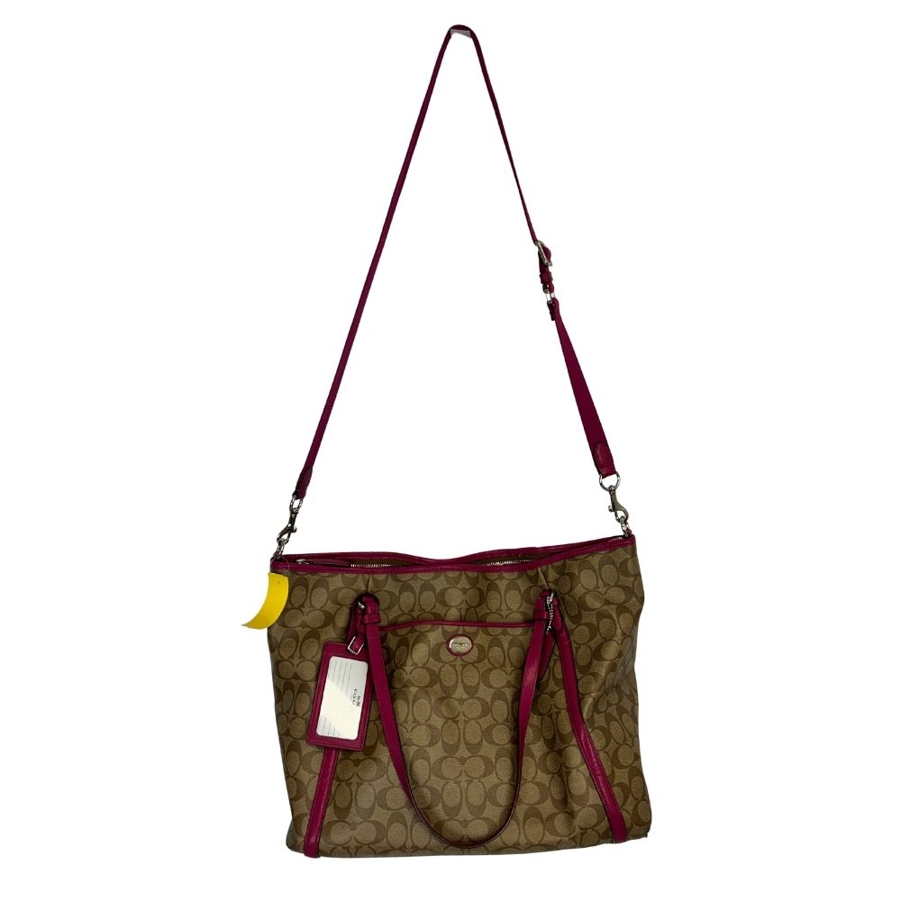 Coach Signature Overnight Tote – Tan Logo Print with Raspberry Trim