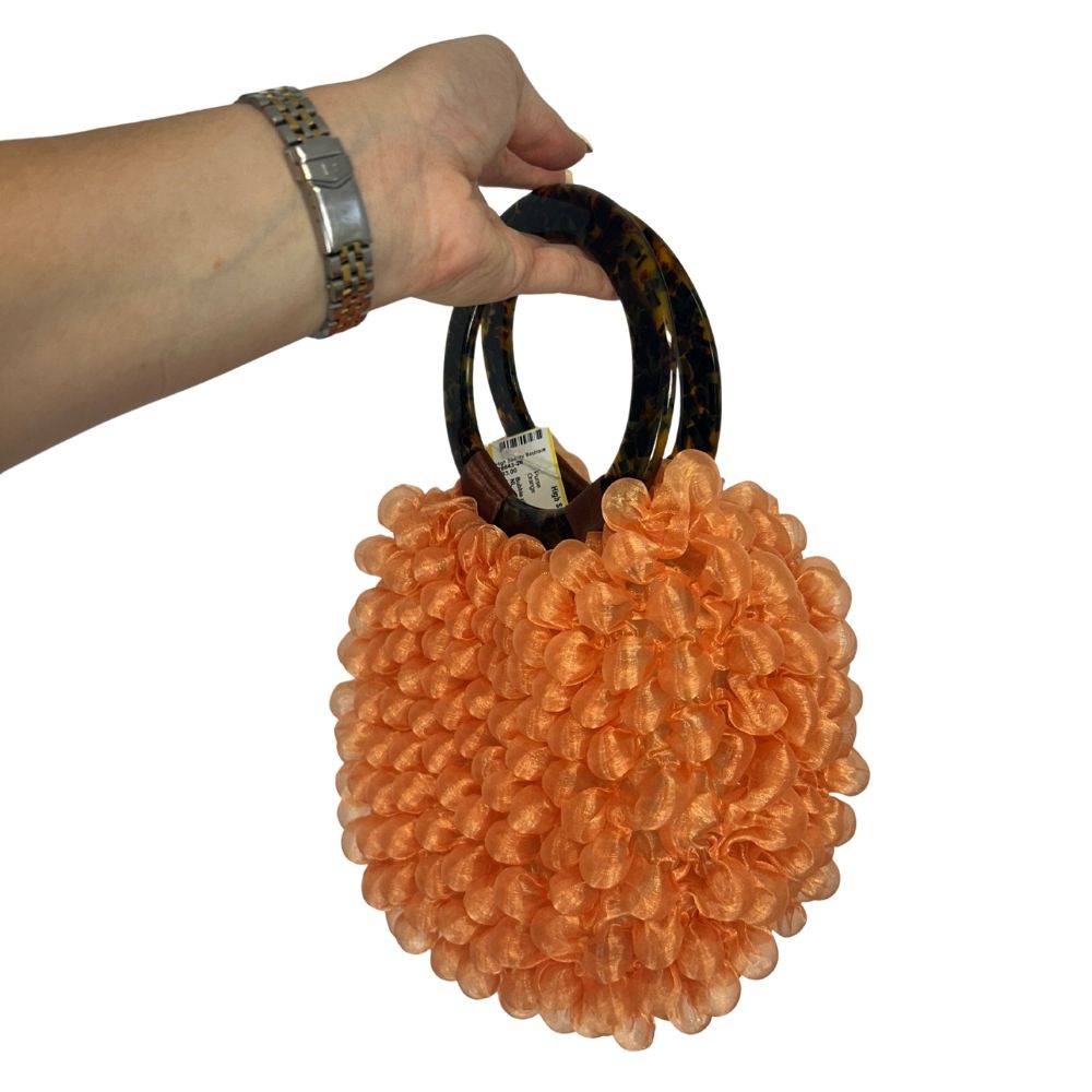 Handmade Bubble Ribbon Bag – Tan & Teal Floral with Round Brown Handles