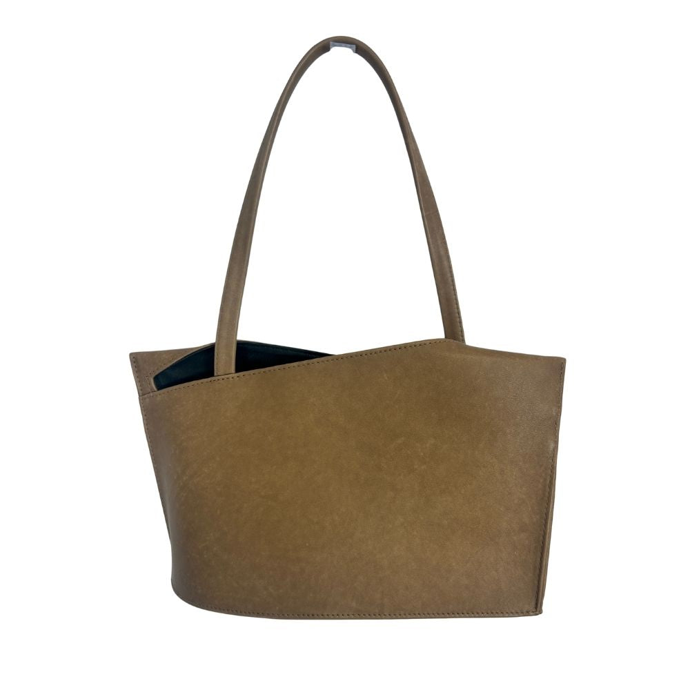 Olbrish Tan Leather Handbag – Angled Top Design with Black Lining & Single Handle