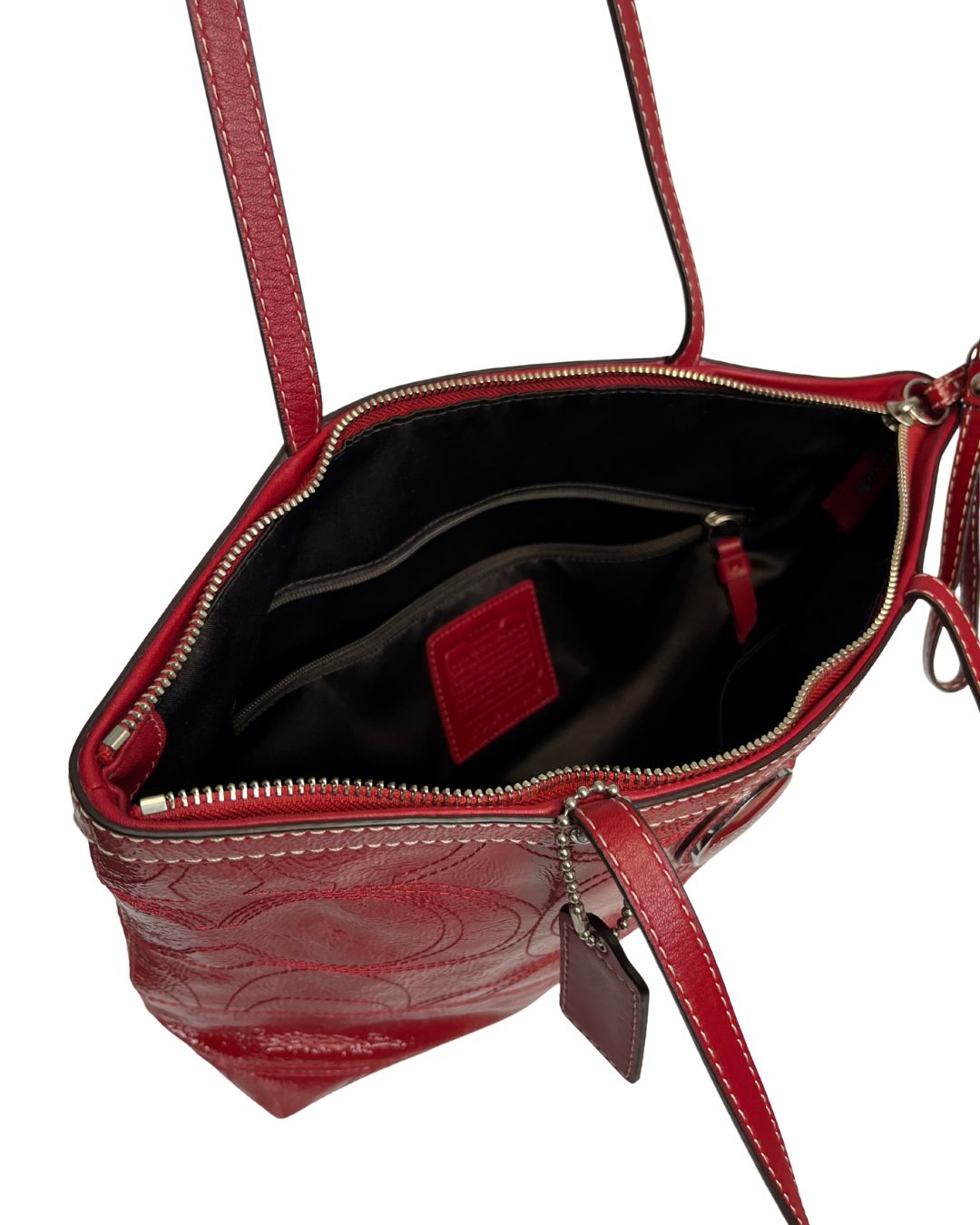 COACH Signature Stitched Red Patent Leather Tote Bag