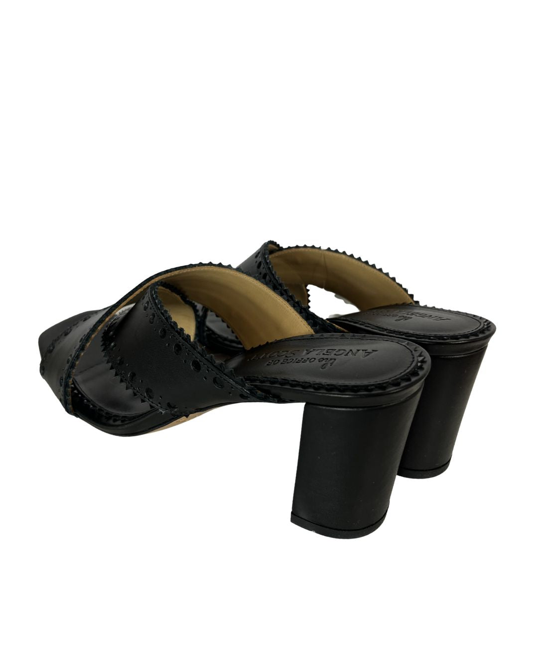 THE OFFICE OF ANGELA SCOTT Miss Maya Black Leather Sandal Heels (Size 8.5)