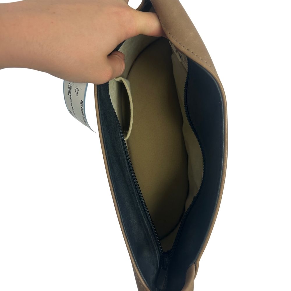Olbrish Tan Leather Handbag – Angled Top Design with Black Lining & Single Handle