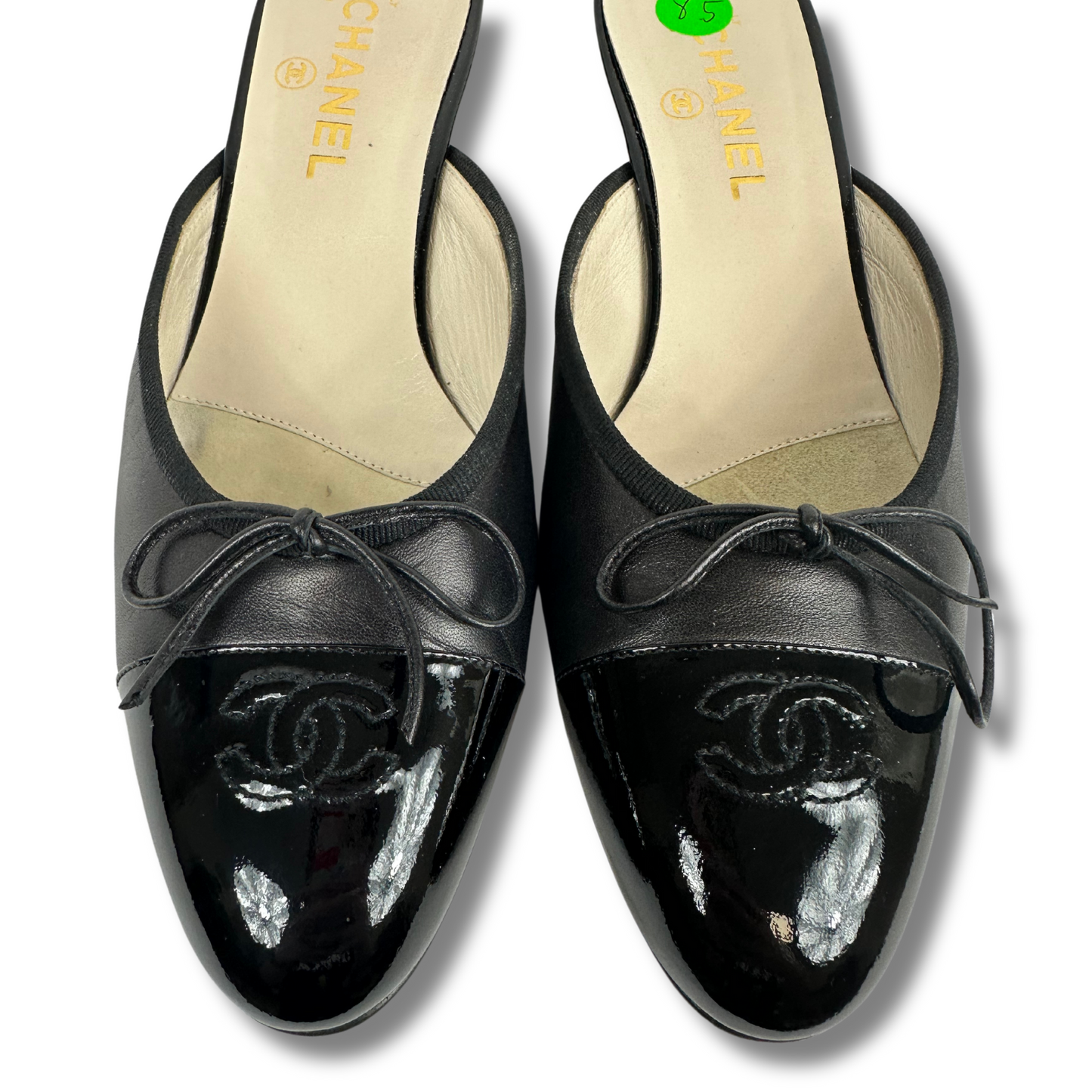 CHANEL Black Patent Leather Mules Classic Bow CC Logo Heels