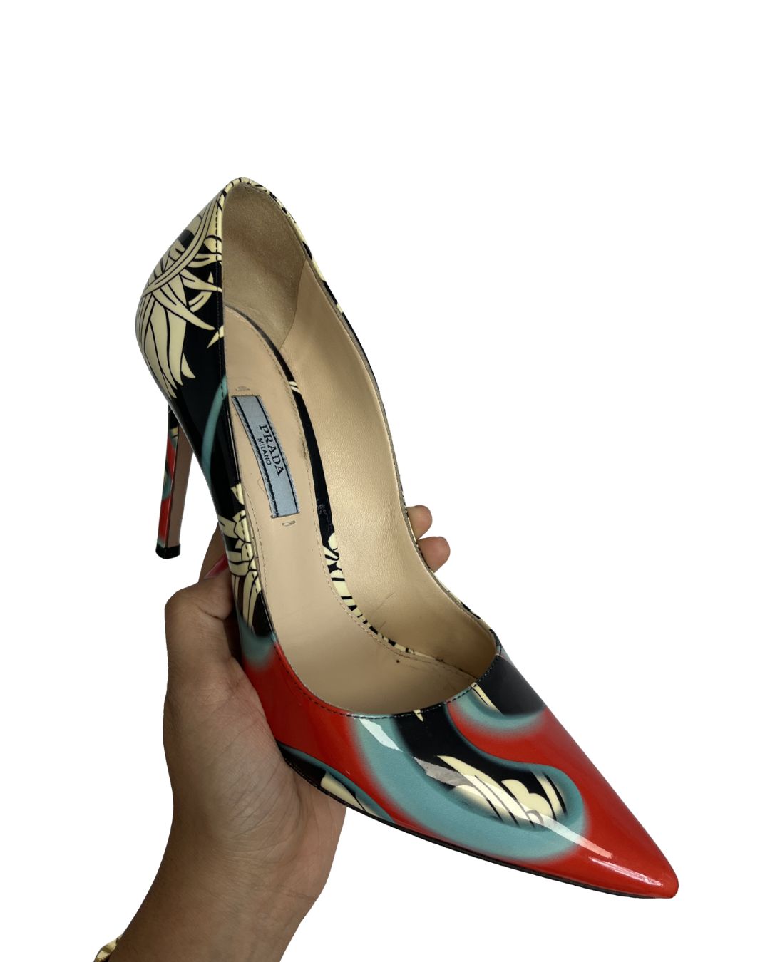 PRADA Multi-Color Printed Leather Flame Pumps (Size 38)