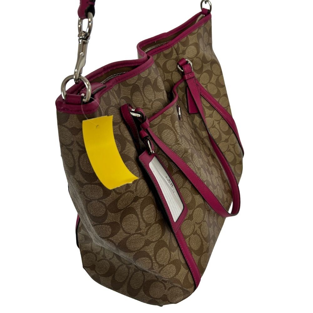Coach Signature Overnight Tote – Tan Logo Print with Raspberry Trim