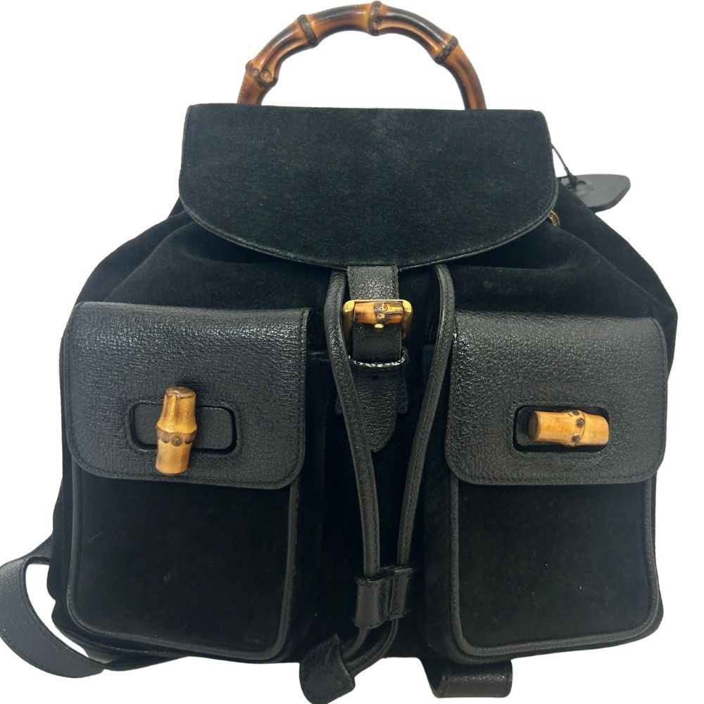 Gucci Vintage Black Suede & Leather Bamboo Backpack – Goldtone Hardware (Authenticated)