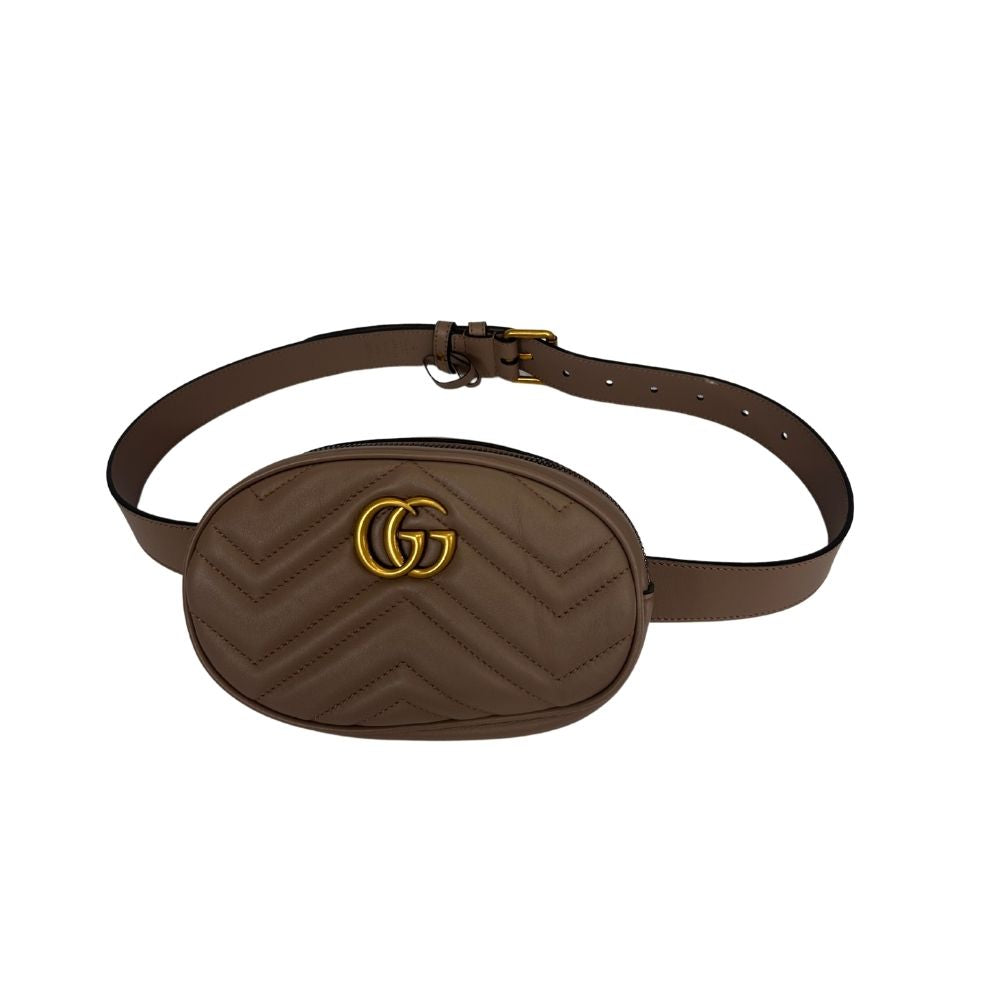 GUCCI Oval Bronze Logo Belt Bag – Classic Tan