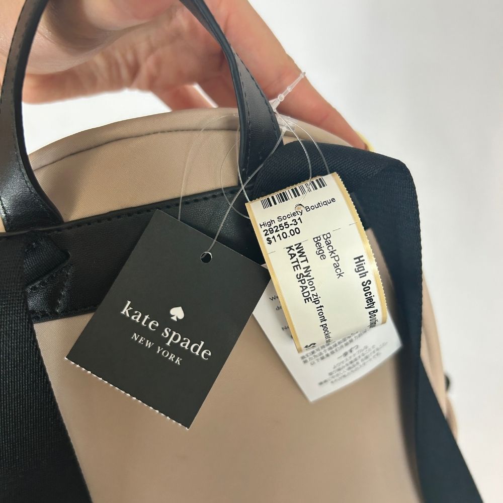 Kate Spade Beige Nylon Backpack – Black Straps & Multiple Pockets (NWT)