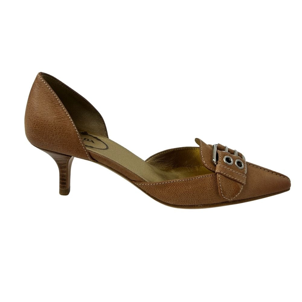 Prada Tan Leather Kitten Heels – Pointed Toe, Buckle Strap & Open Sides (Size 5)
