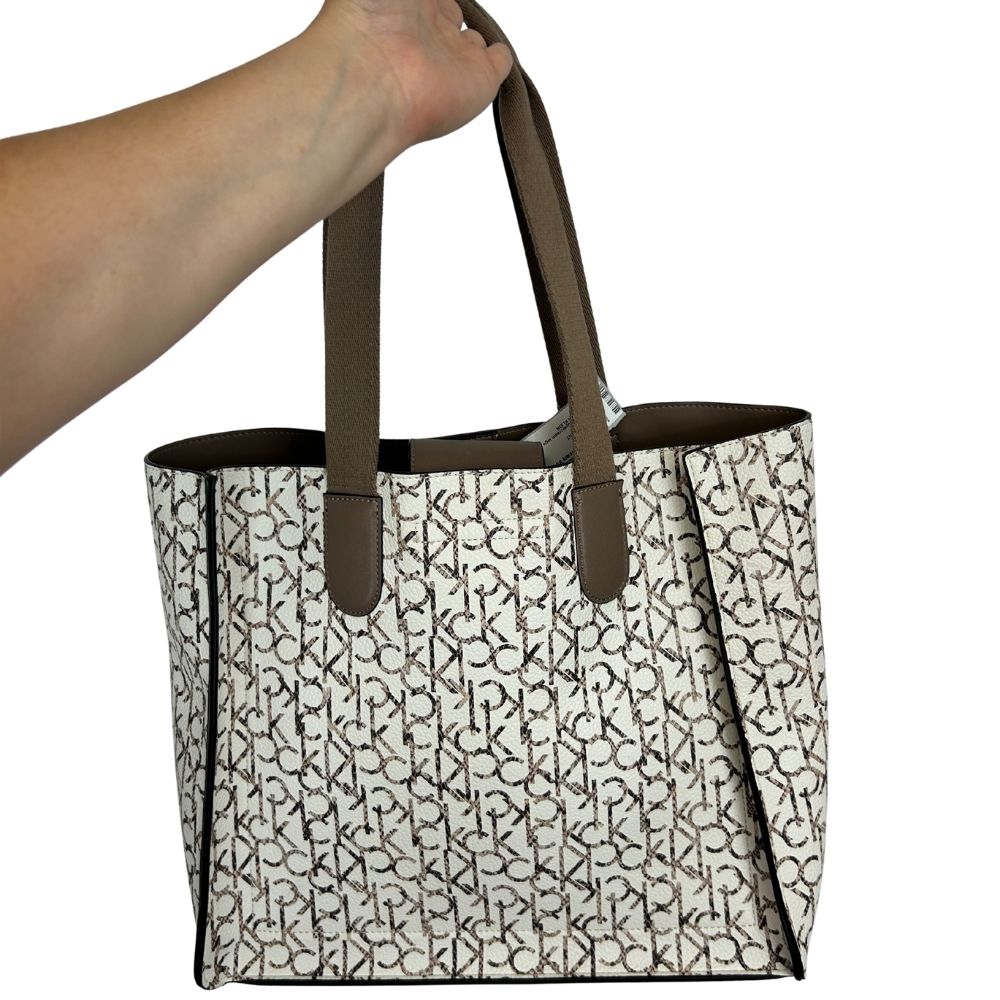Calvin Klein Large Taupe Logo Tote – Front Pocket & Cream Detailing