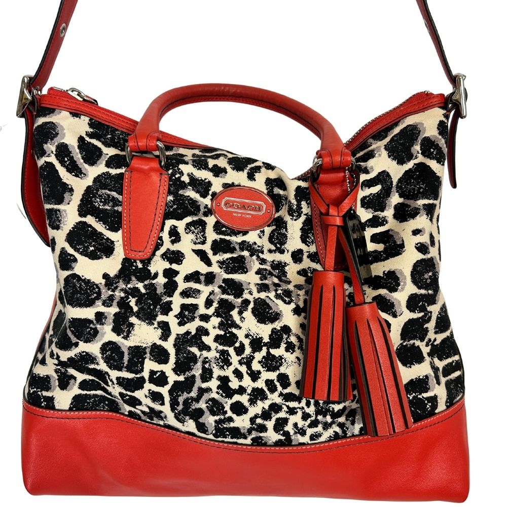 Coach Animal Print Crossbody – Black and White with Red Strap