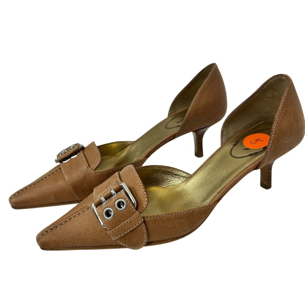 Prada Tan Leather Kitten Heels – Pointed Toe, Buckle Strap & Open Sides (Size 5)