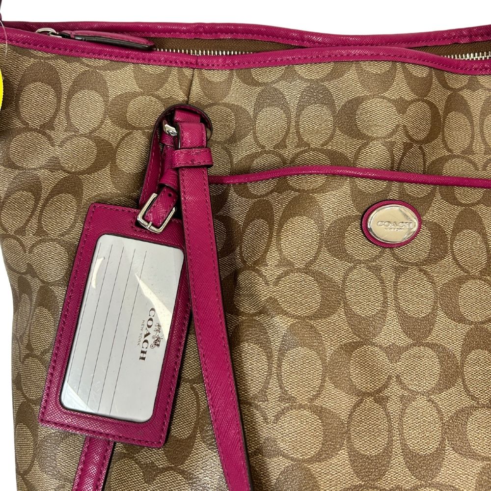 Coach Signature Overnight Tote – Tan Logo Print with Raspberry Trim