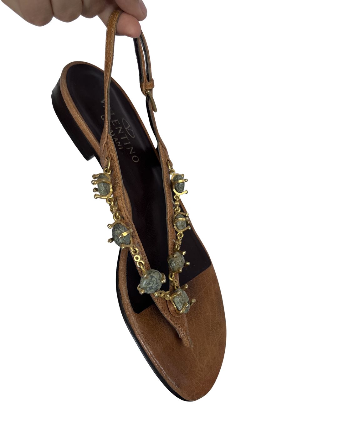 VALENTINO Brown Leather Jade Stone Chain Sandals (Size 6.5)