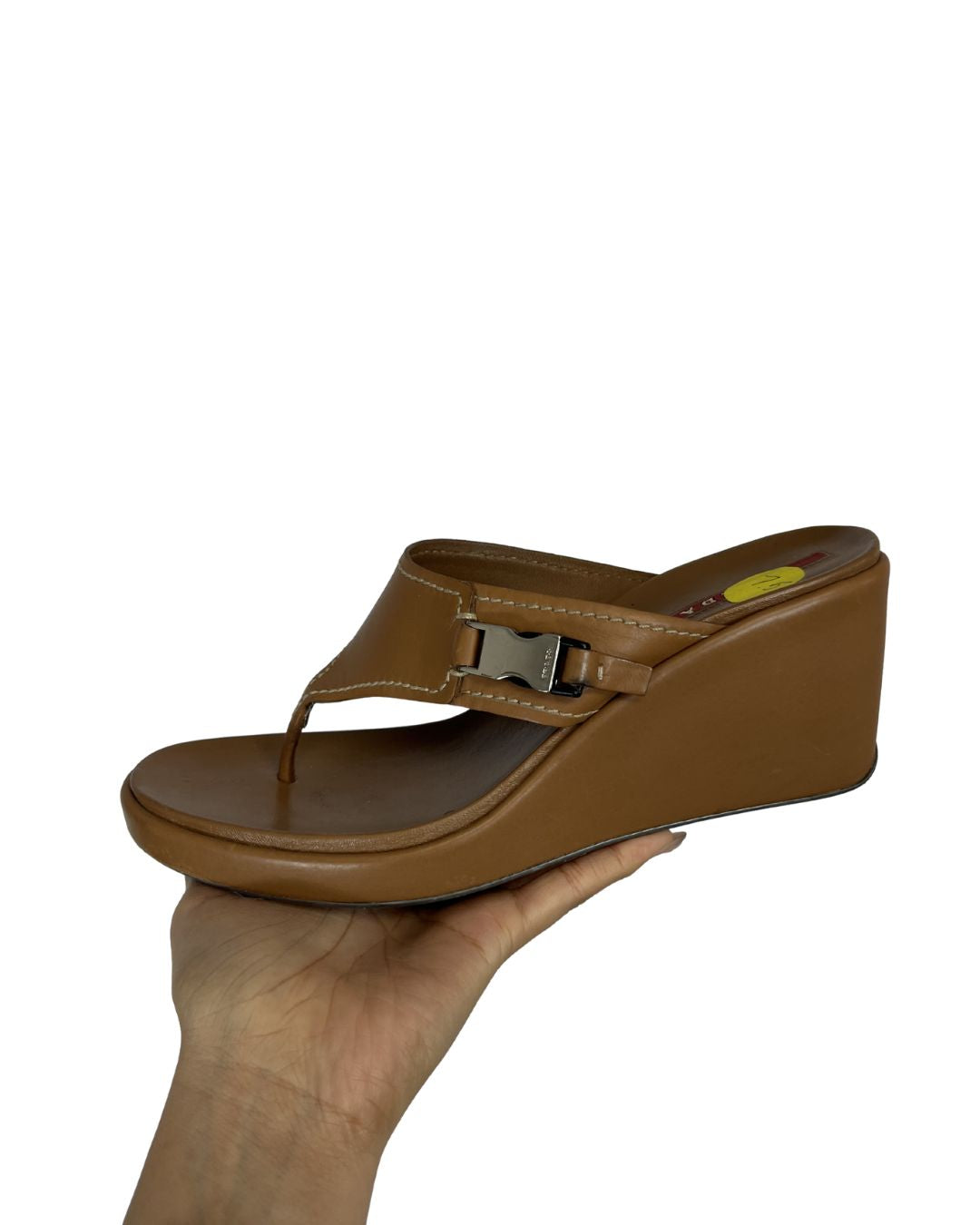 PRADA Camel Brown Leather Thong Wedge Sandals (Size 7.5)