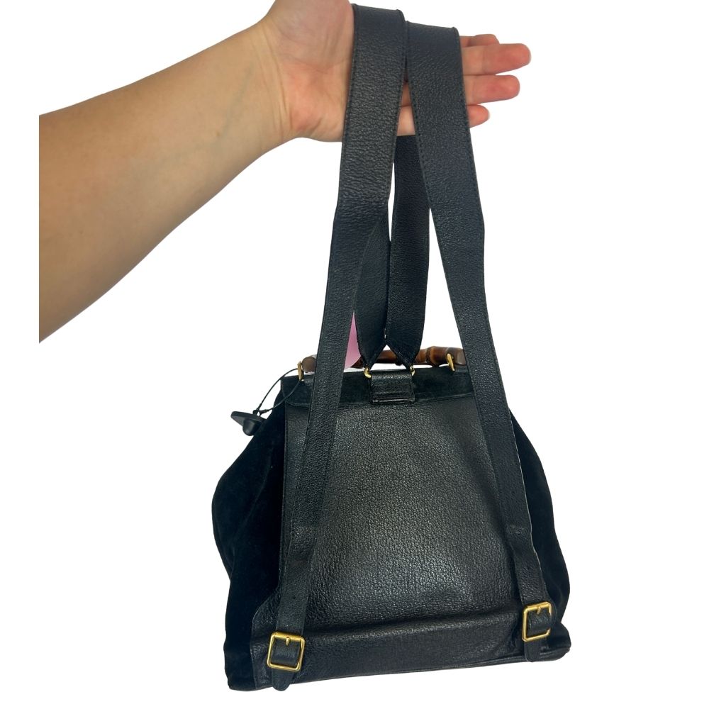 Gucci Vintage Black Suede & Leather Bamboo Backpack – Goldtone Hardware (Authenticated)