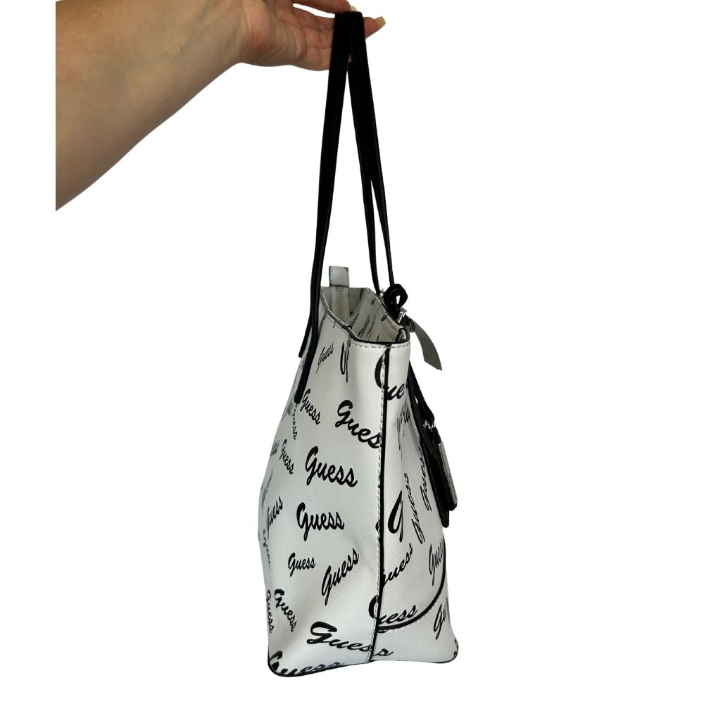 GUESS Black & White Logo Print Tote – Gold & White Accents with Black Straps