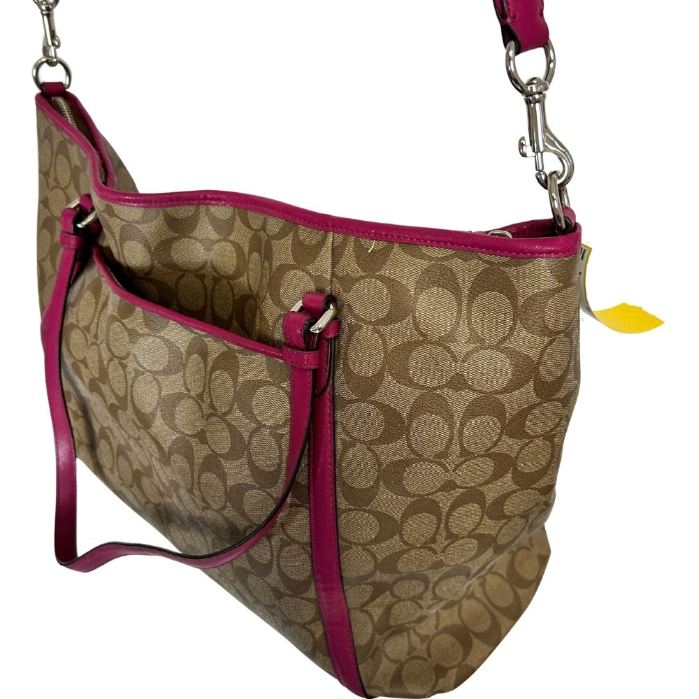 Coach Signature Overnight Tote – Tan Logo Print with Raspberry Trim