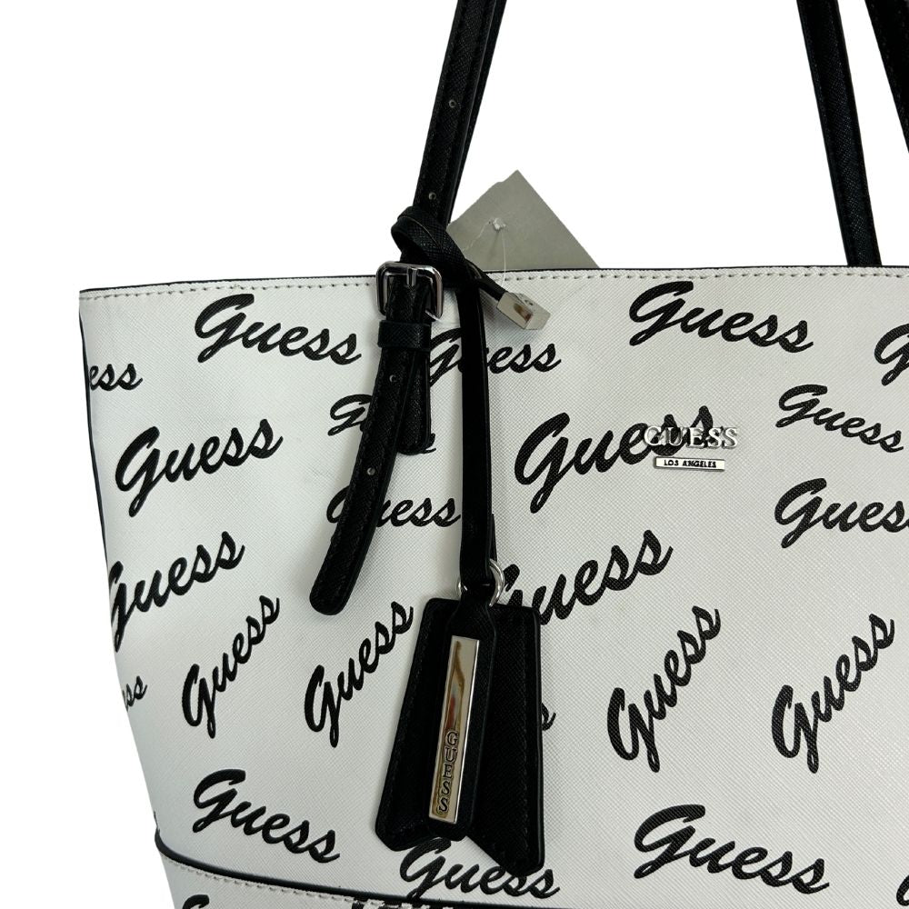 GUESS Black & White Logo Print Tote – Gold & White Accents with Black Straps