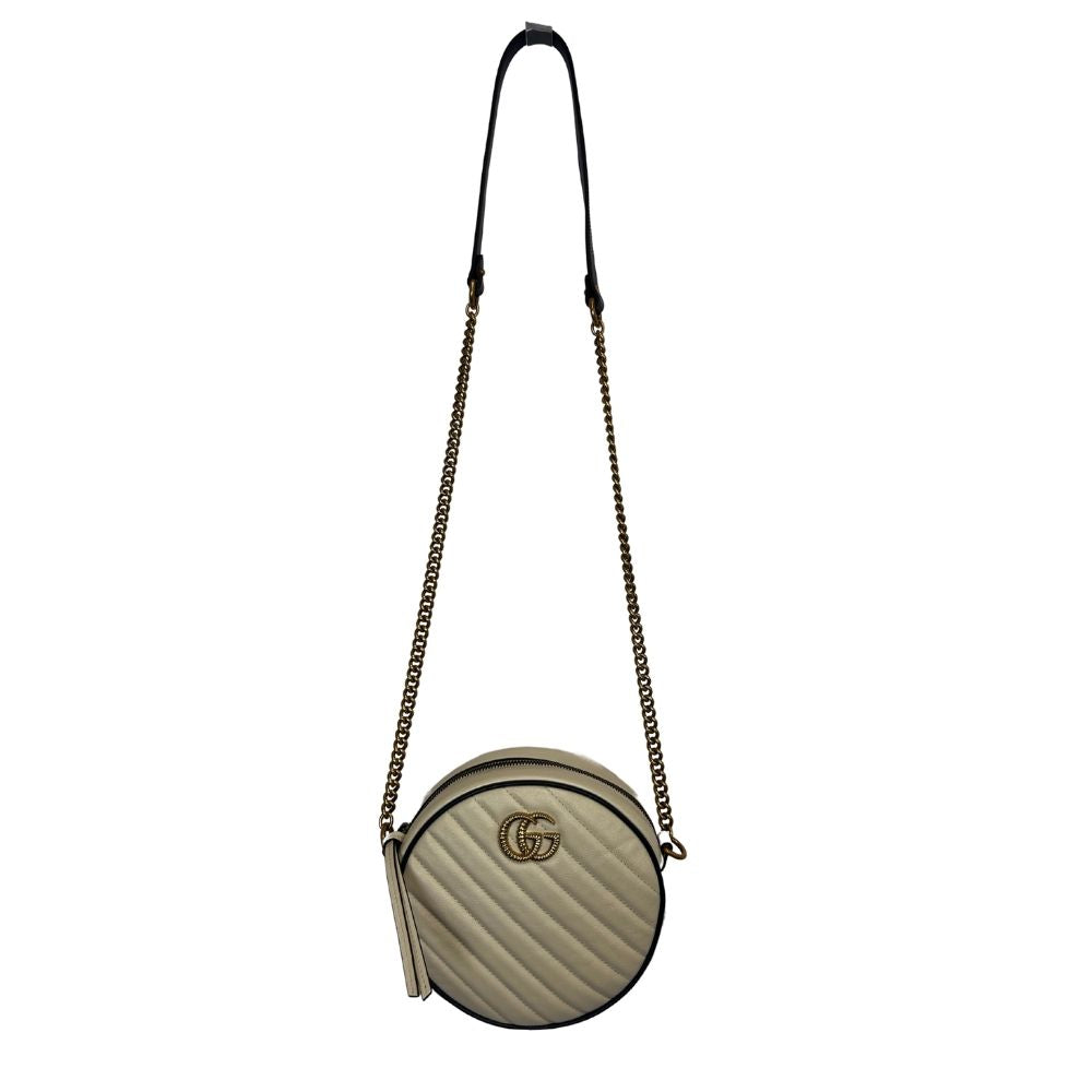 GUCCI Azalea Matelassé Round Quilted Crossbody – White & Navy with Gold-Tone GG Logo