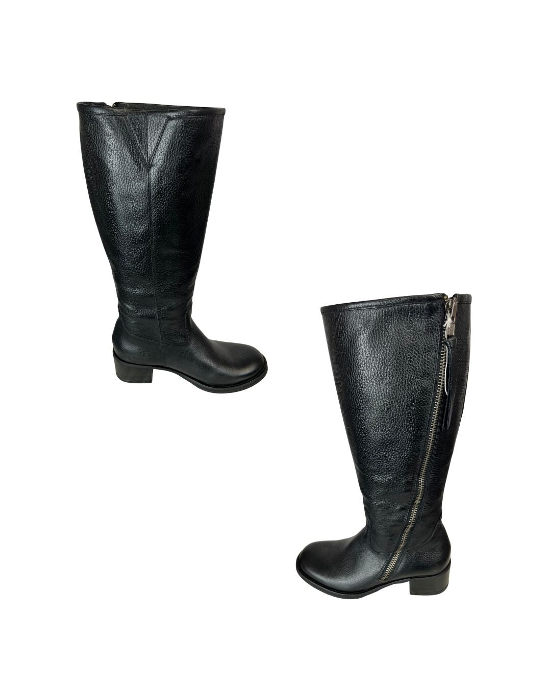 Side view of black leather zip-up riding boots