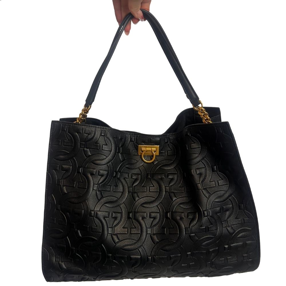 Ferragamo Trifolio Tote in Nero – Black Leather with Gold Hardware (Like New, No Wristlet)