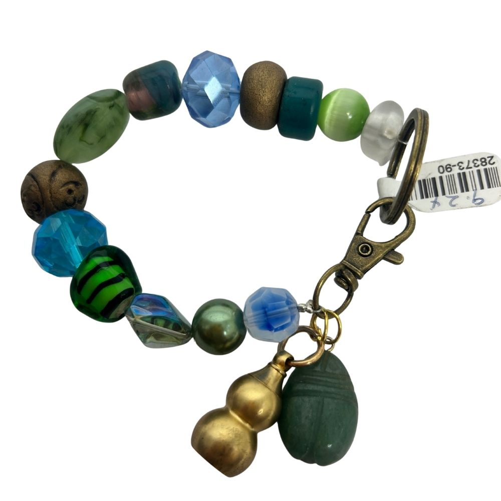 Handmade Green & Blue Glass Bead Necklace – Oversized Dark Gold Clasp (No Label)