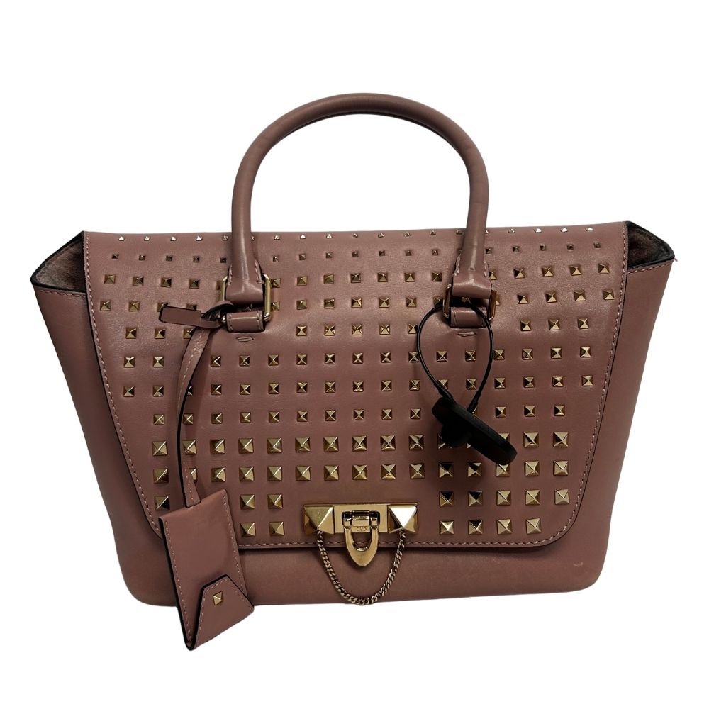 Valentino Blush Studded Satchel with Chainlink Detail – Feminine Edge in Iconic Style