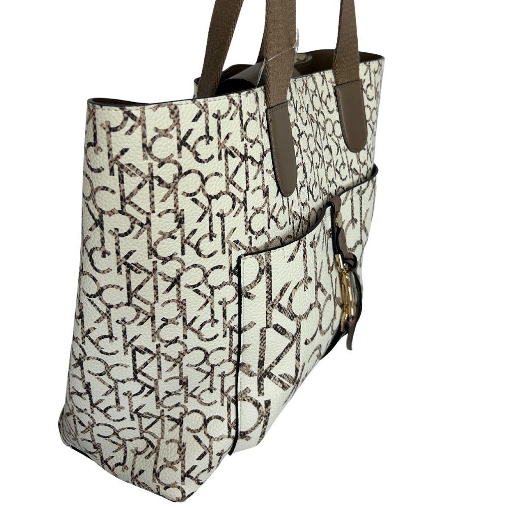 Calvin Klein Large Taupe Logo Tote – Front Pocket & Cream Detailing