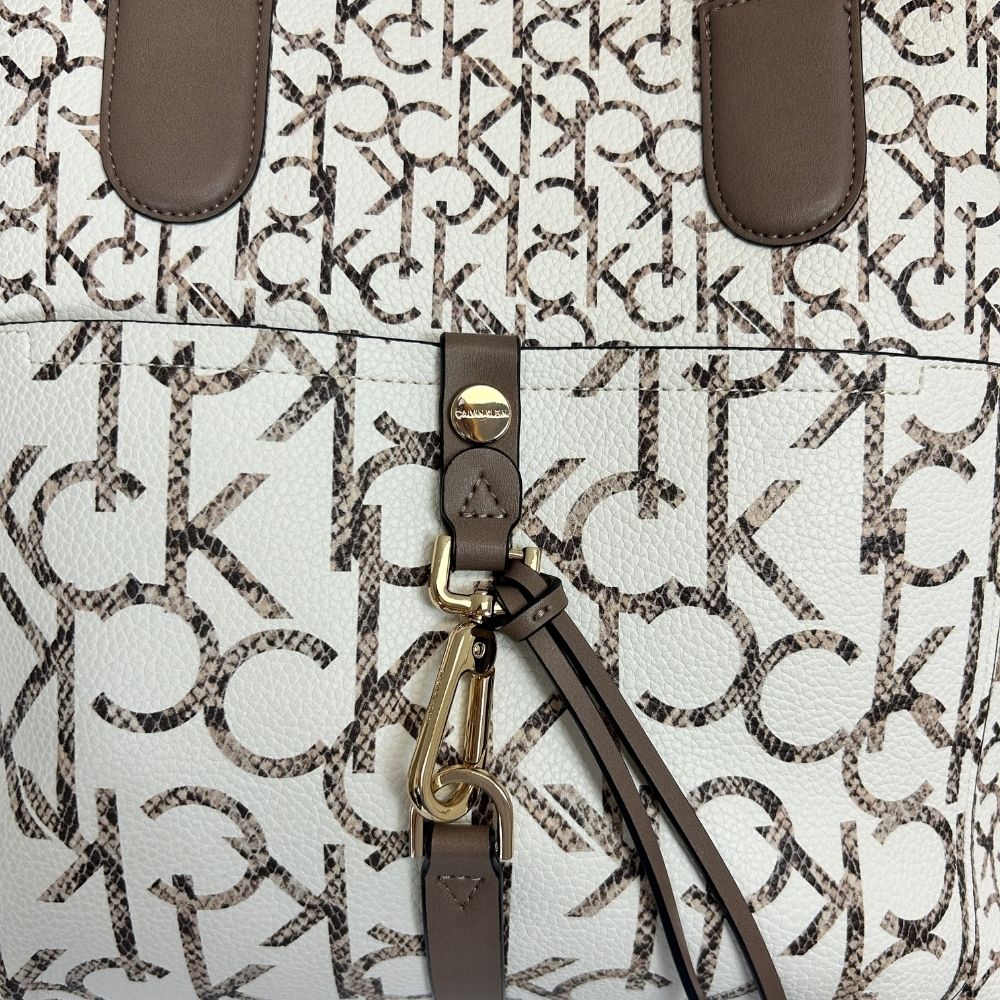 Calvin Klein Large Taupe Logo Tote – Front Pocket & Cream Detailing