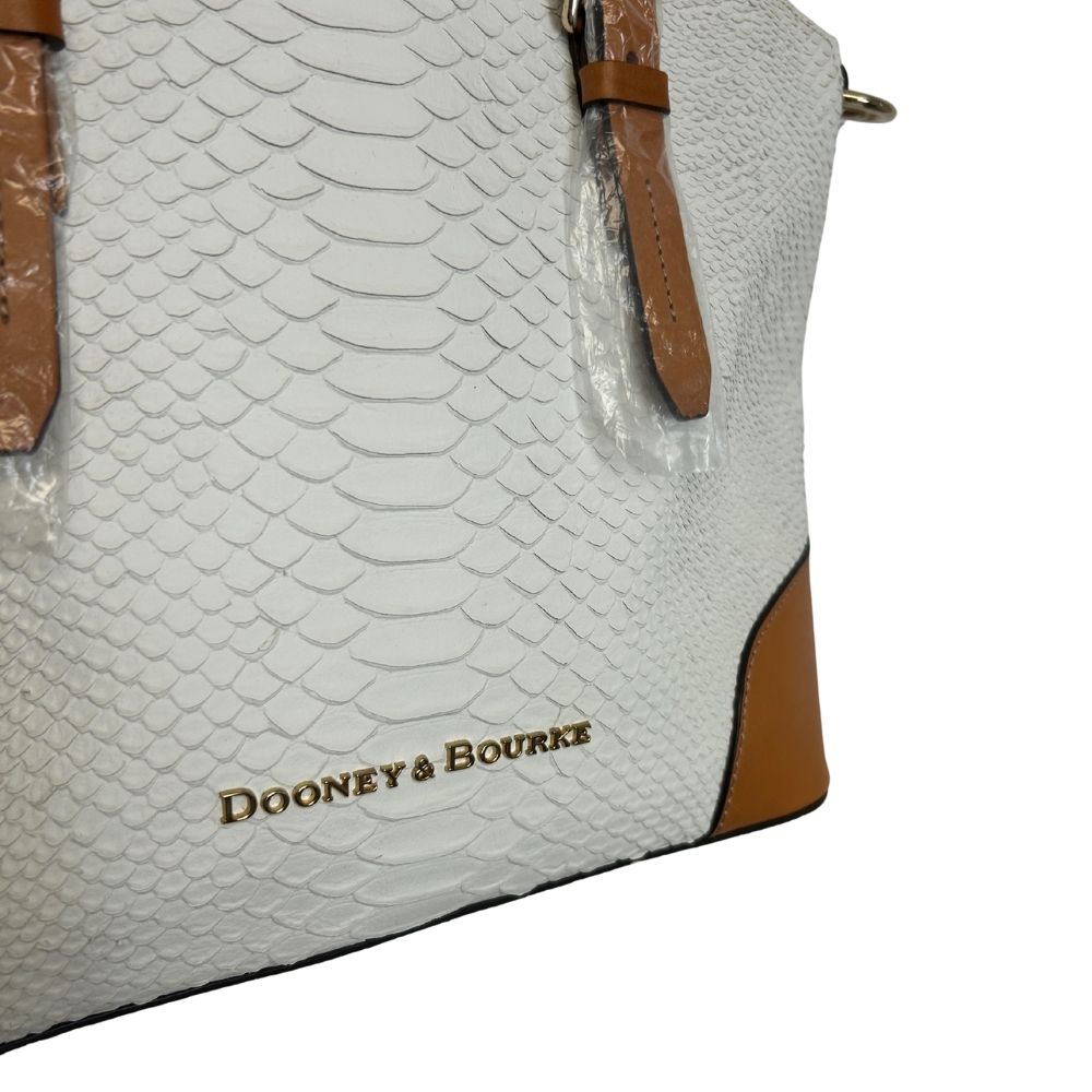 Dooney & Bourke White Reptile Print Satchel – Tan Handles & Crossbody Strap