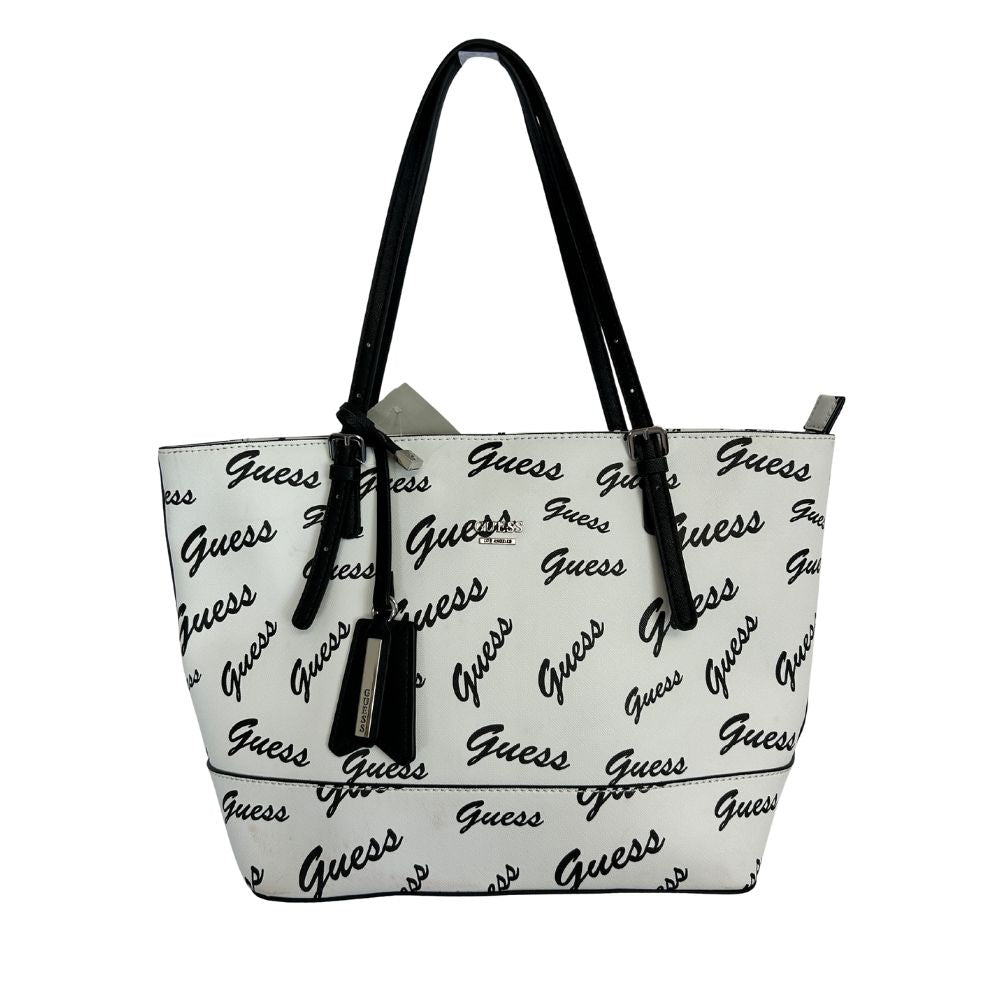 GUESS Black & White Logo Print Tote – Gold & White Accents with Black Straps