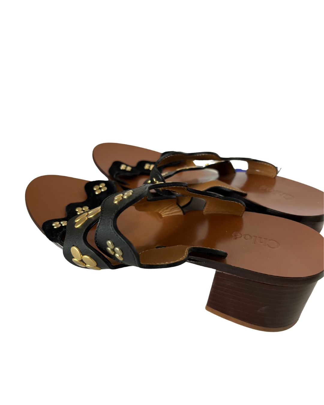 CHLOÉ Lauren Studded Black & Gold Flat Sandal Heels (Size 9)