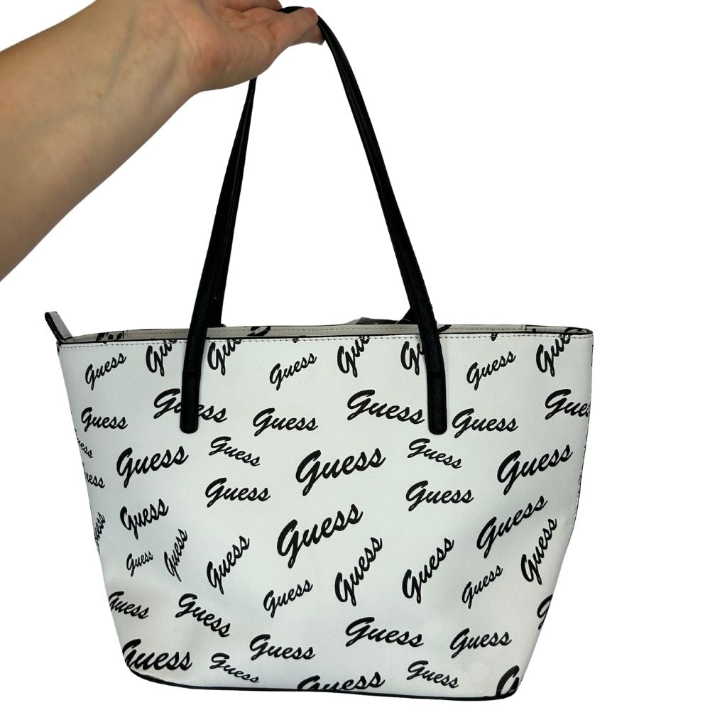 GUESS Black & White Logo Print Tote – Gold & White Accents with Black Straps