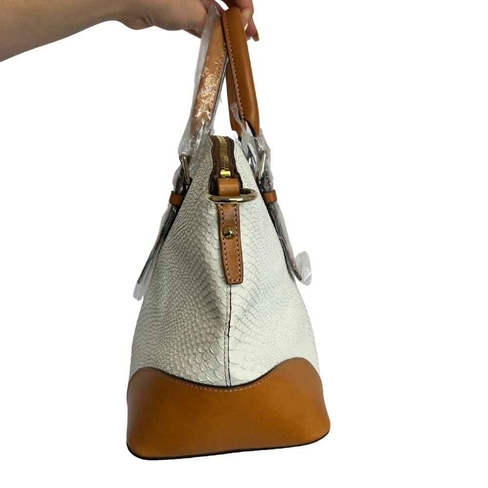 Dooney & Bourke White Reptile Print Satchel – Tan Handles & Crossbody Strap