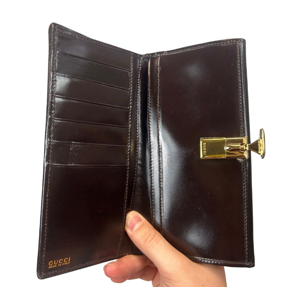Gucci Brown Calfskin Leather Bifold Wallet – Goldtone Flip Clasp (With Box, Signs of Wear)