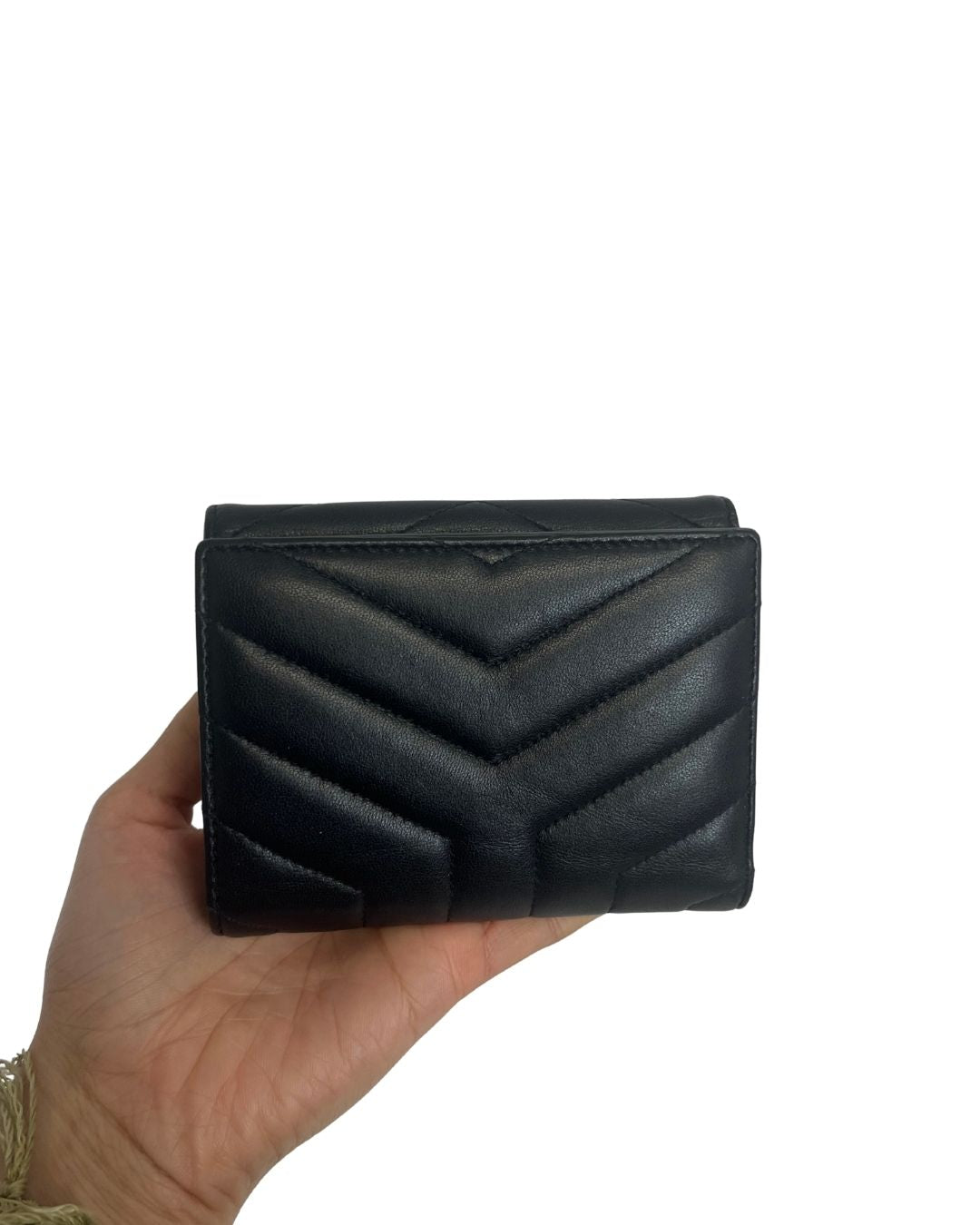 YSL Small Loulou Quilted Monogram Compact Black Leather Wallet