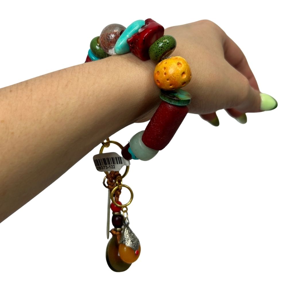 Handcrafted Red & Teal Beaded Charm Bracelet – Gold-Tone Asian Tokens & Accent Charms (No Label)
