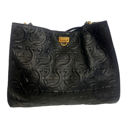 Ferragamo Trifolio Tote in Nero – Black Leather with Gold Hardware (Like New, No Wristlet)