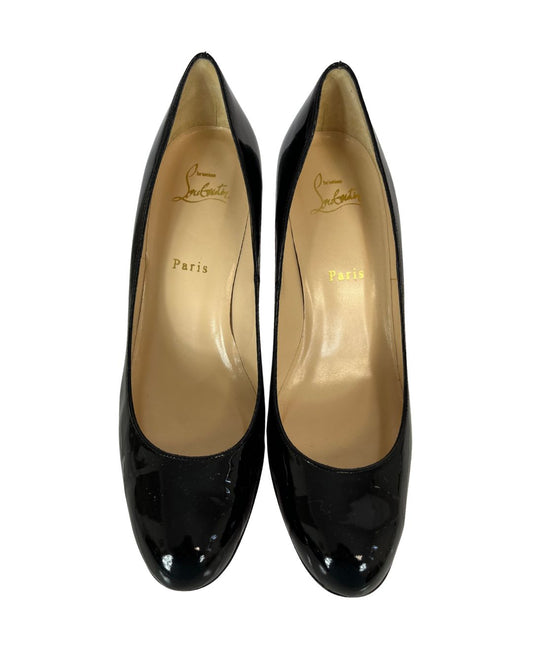 CHRISTIAN LOUBOUTIN Simple Black Patent Leather Red Sole Pumps (Size 9)