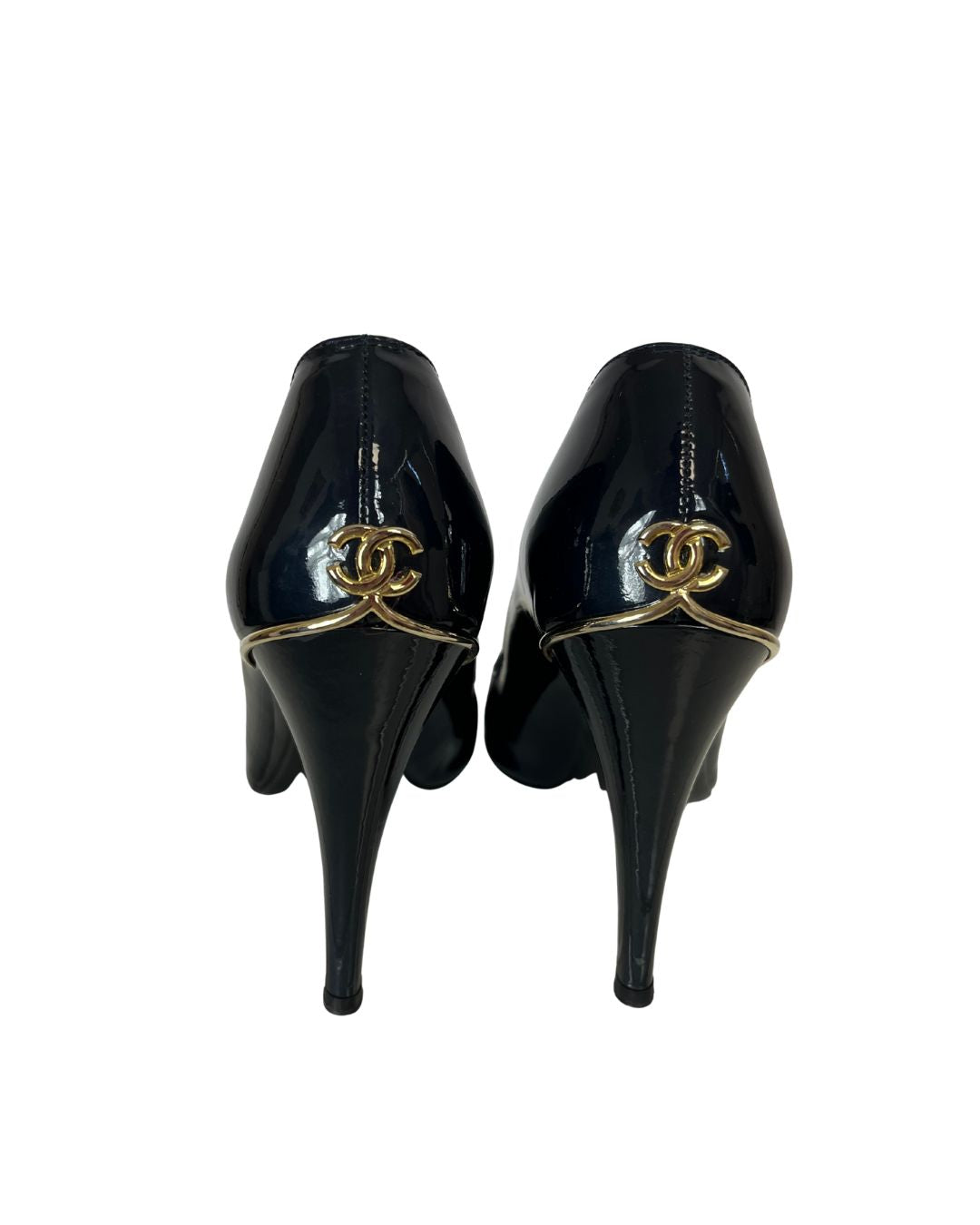 CHANEL Dark Blue Leather Open Toe Heels (US 8.5)