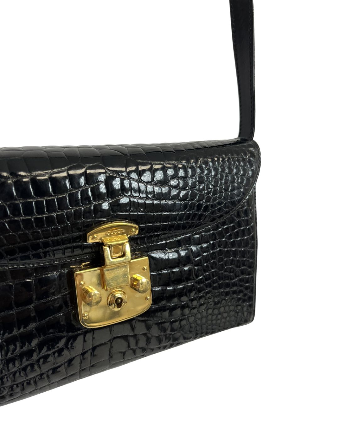 GUCCI Vintage Black Crocodile Leather Shoulder Bag Purse