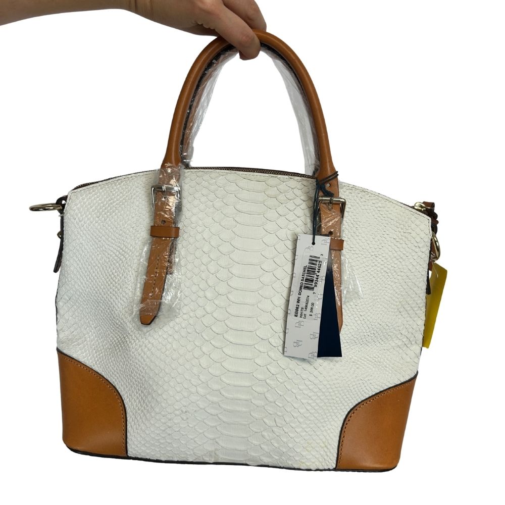 Dooney & Bourke White Reptile Print Satchel – Tan Handles & Crossbody Strap