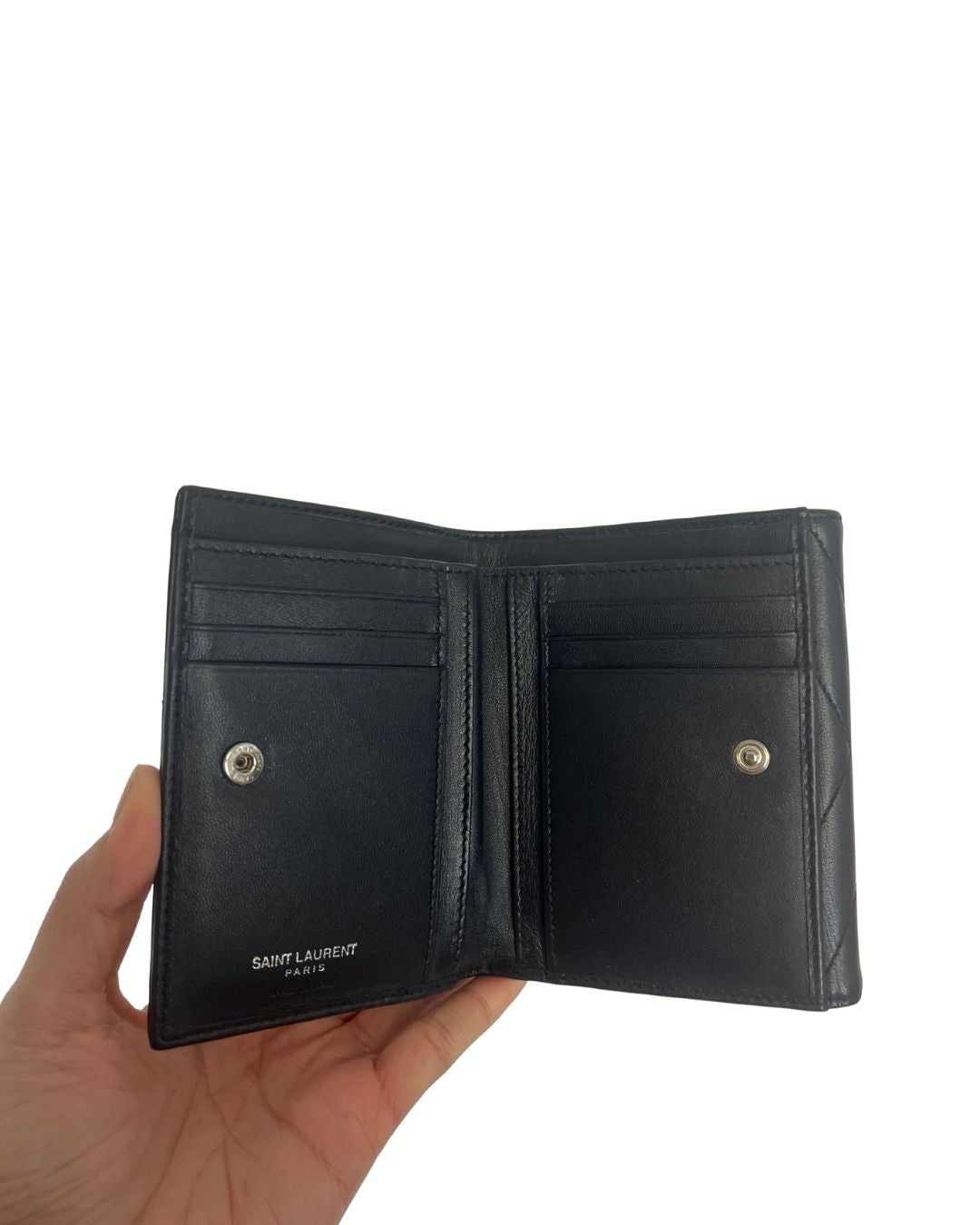 YSL Small Loulou Quilted Monogram Compact Black Leather Wallet