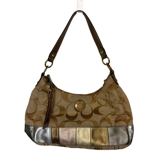 Coach Gold “C” Logo Stripe Shoulder Bag – Silver/Gray/Tan/Gold with Metallic Strap | Y2K Throwback Chic