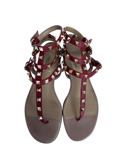 VALENTINO Red Leather Rockstud Sandals (Size 37)