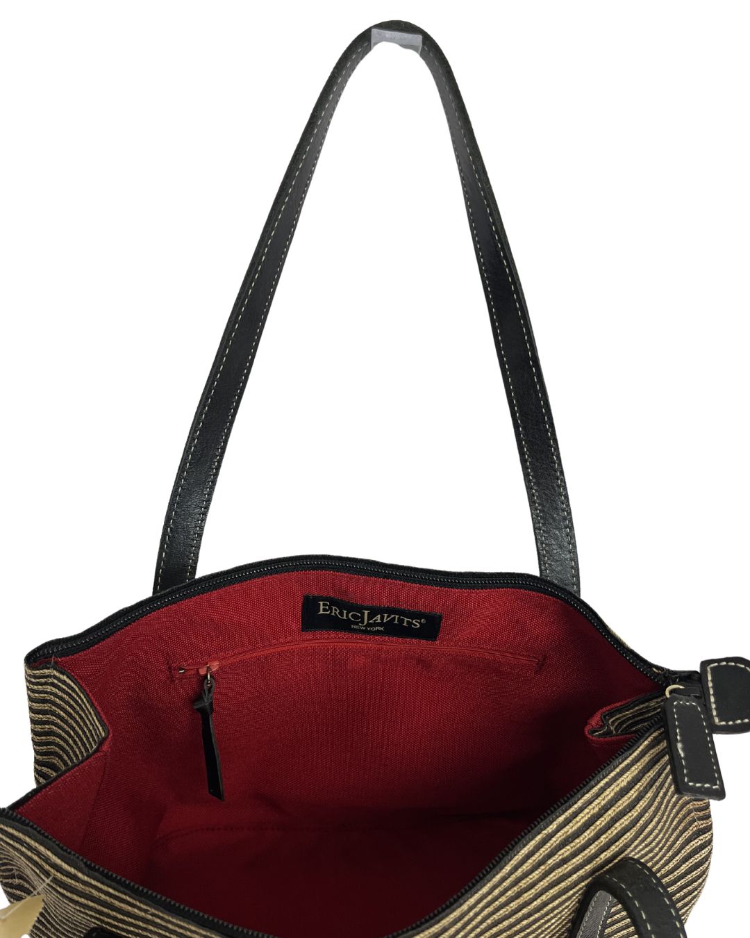 ERIC JAVITS Stripe Black & Tan Straw Shoulder Bag