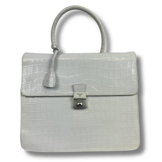 PRADA White Alligator Top Handle Bag