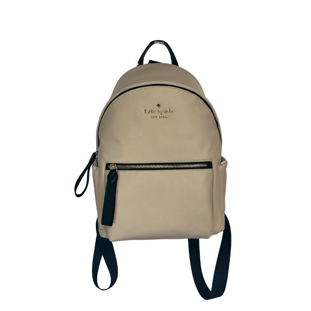 Kate Spade Beige Nylon Backpack – Black Straps & Multiple Pockets (NWT)
