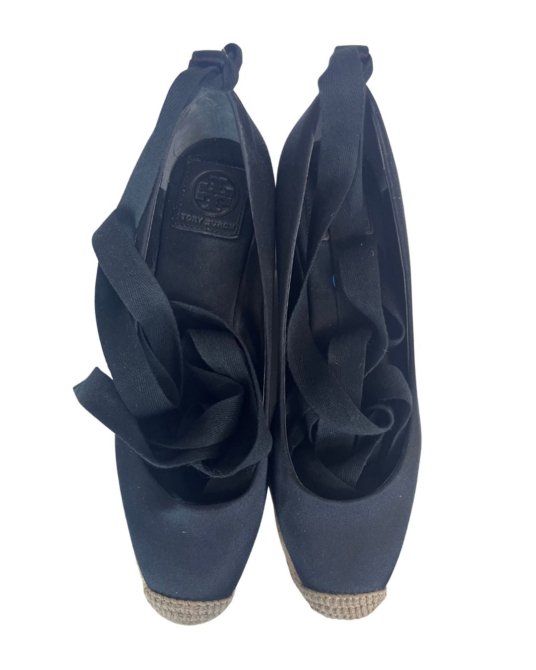 TORY BURCH Black Satin Espadrille Wedges (Size 7.5)